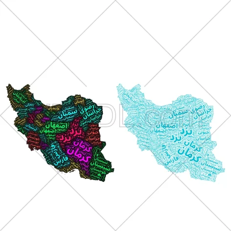 نقشه ایران با تایپوگرافی اسامی استان ها صورت وکتور